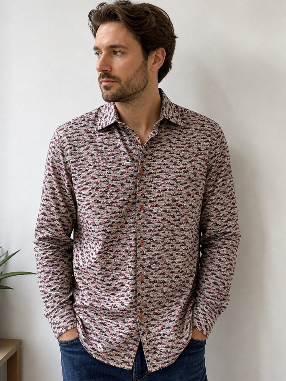 Ted Baker Men's Long-Sleeve Button-Down Shirt in Red and Gray Microprint